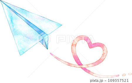 ハートを描いて飛ぶ紙飛行機の水彩イラスト 109357521