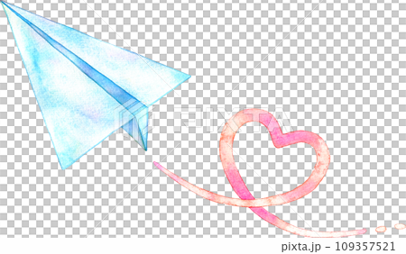Watercolor illustration of a paper airplane flying with a heart shape 109357521