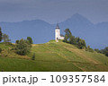 Jamnik, Slovenia. The Jamnik Church is a charming 15th-century chapel in the Kamnik-Savinja Alps near Kranj, breathtaking views of the surrounding mountainous landscape. The Church of St. Primoz 109357584