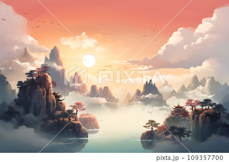 Fantasy of a mountain lake and a lake in the foreground. Picture painting of landscape with mountains and sea. Generated AI illustration. 109357700