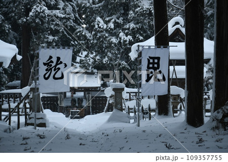 所々杉の葉が落ちている雪に覆われた上杉家廟所の風景 所々杉の葉が落ちている雪に覆われた上杉家廟所の風景 109357755