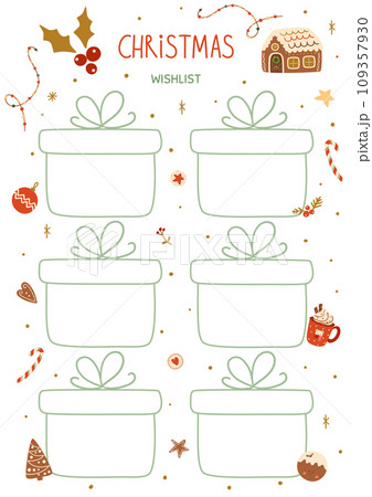 Christmas wishes template blank with gift boxes shaped decorated Christmas gingerbread cookies. Vector winter gift list. 109357930