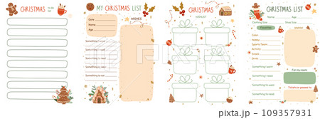 Christmas wishes list template collection. Printable pages decorated tasty gingerbread cookies, house. Vector gift planner. Christmas wishes list template collection. Printable pages decorated tasty gingerbread cookies, house. Vector gift planner. 109357931