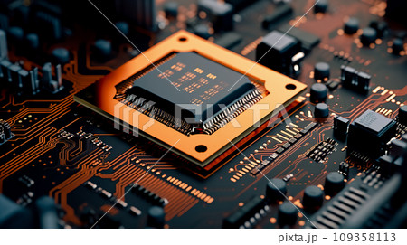 A close-up of a circuit board reveals the minuscule computer chip at its core. Generative AI A close-up of a circuit board reveals the minuscule computer chip at its core. Generative AI 109358113