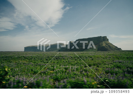 Scenic view of green landscape against sky at Iceland Scenic view of green landscape against sky at Iceland 109358493