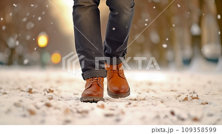 Person walking through blizzard with ice and snow. Generative AI 109358599
