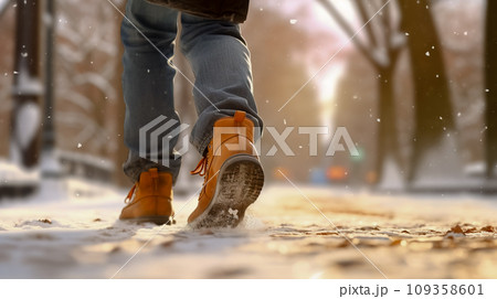 Person walking through blizzard with ice and snow. Generative AI 109358601
