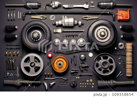 Set of auto spare parts. Top view. Generative AI. 109358654