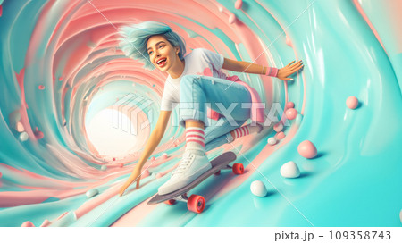 Happy woman on a skateboard in a candy tunnel...のイラスト素材 [109358743] - PIXTA