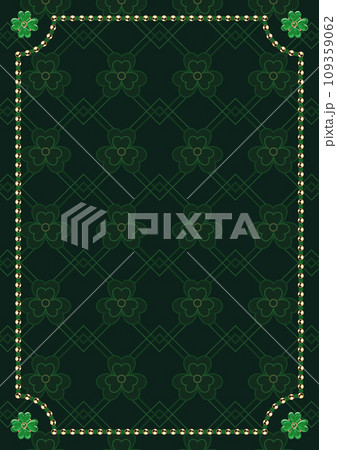 St Patricks Day vertical rectangular frame with shiny gold beads, lucky four leaves shamrocks in the corners. Thin geometric ornament on dark background. Template for menu, poster, invitation 109359062