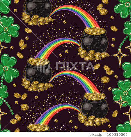 St Patricks day seamless pattern with pot full of golden treasure and rainbow, jewelry shamrock charms, scattered coins. Concept of magic trick Vintage illustration for prints, textile, surface design St Patricks day seamless pattern with pot full of golden treasure and rainbow, jewelry shamrock charms, scattered coins. Concept of magic trick Vintage illustration for prints, textile, surface design 109359063