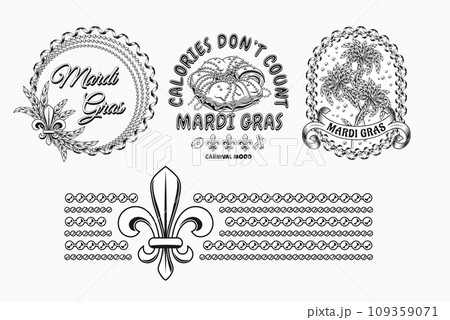 Carnival Mardi Gras labels with Fleur de Lis, holiday food, party streamers, strings of beads, text Vintage illustrations on white background For prints, clothing, t shirt, holiday goods, stuff design 109359071