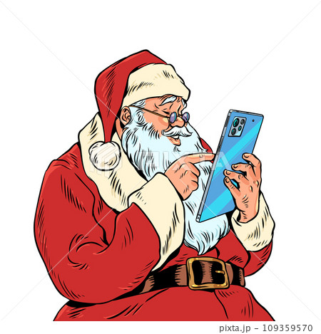 Christmas mailing to friends and family with congratulations. Santa Claus is holding a phone and will scroll down the feed. Electronic advertising in connection with promotions. Pop Art Retro Christmas mailing to friends and family with congratulations. Santa Claus is holding a phone and will scroll down the feed. Electronic advertising in connection with promotions. Pop Art Retro 109359570