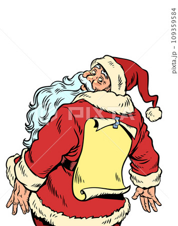 The approaching Christmas holidays come unexpectedly. Santa Claus looks at his back. The upcoming New Year is amazing. Pop Art Retro 109359584