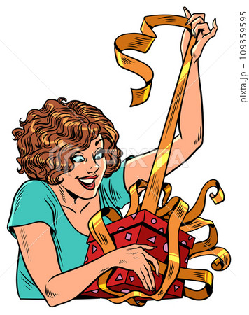 Celebrating important days and events. A woman opens a gift box. A Christmas gift can also be for a birthday. Pop Art Retro Celebrating important days and events. A woman opens a gift box. A Christmas gift can also be for a birthday. Pop Art Retro 109359595
