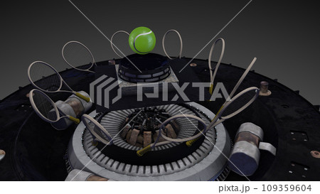Tennis ball and rocket 3D animation. Futuristic theme 109359604
