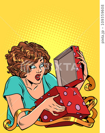 Celebrating important days and events. A woman opens a gift box. A Christmas gift can also be for a birthday. Pop Art Retro 109359608