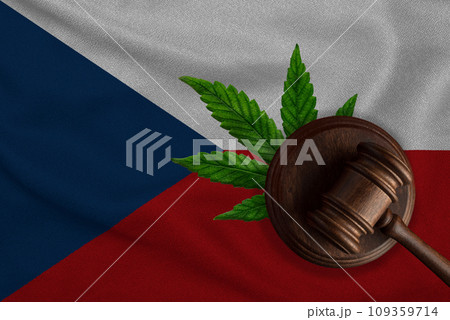 Czech Republic flag and justice gavel with cannabis leaf. Illegal growth of cannabis plant and drugs spreading Czech Republic flag and justice gavel with cannabis leaf. Illegal growth of cannabis plant and drugs spreading 109359714