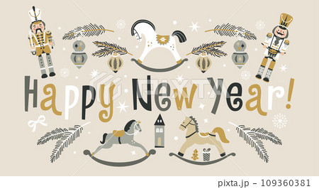 Happy New Year Nutcrackers Vector banner on Light Background. Postcard. Childish rocking horses. Christmas illustration. 109360381