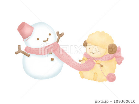 雪だるまにマフラーを編む羊の水彩イラスト 雪だるまにマフラーを編む羊の水彩イラスト 109360610