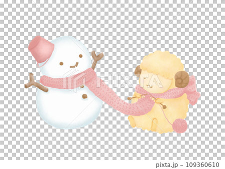 一隻羊給雪人編織圍巾的水彩插圖 109360610