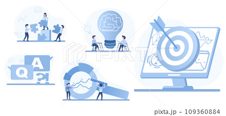 Business ideas collection set. Goal setting, brainstorming, planning, thinking, creativity, data analysis, market trend and management. Successful business and achieve strategy. Vector illustration. 109360884