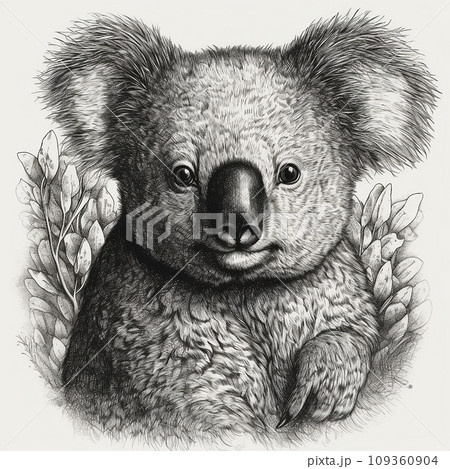Koala, Phascolarctos cinereus, australian marsupial eucalyptus bear, cute animal, black and white drawing, portrait, engraving style Koala, Phascolarctos cinereus, australian marsupial eucalyptus bear, cute animal, black and white drawing, portrait, engraving style 109360904