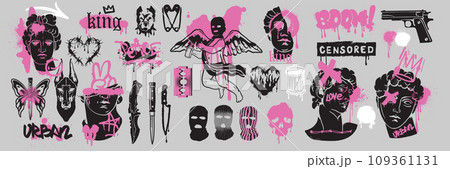 Street spray graffiti element set, grunge sticker kit balaclava, vector retro urban ghetto print. 109361131