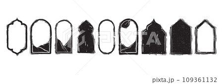 Arch linocut frame, arabic vignetting print, vector islamic boho traditional border collection.  109361132