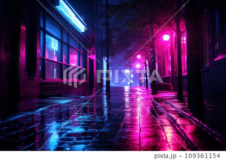 Neon empty city streets after sunset Neon empty city streets after sunset 109361154