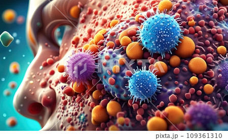 Human skin flora showing microorganisms, pathogens and bacteria which naturally colonize the human skin - AI generated 109361310
