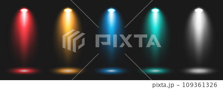 A set of five colored spotlights to illuminate the stage with rays on a black background. A set of five colored spotlights to illuminate the stage with rays on a black background. 109361326