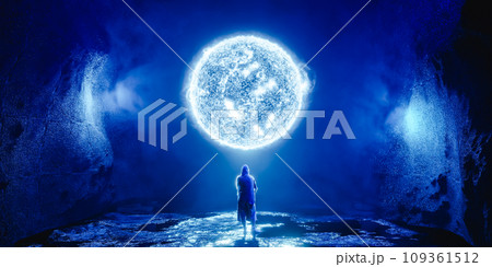 Futuristic traveler admiring burning planet. Sci-Fi scene, 3d render 109361512