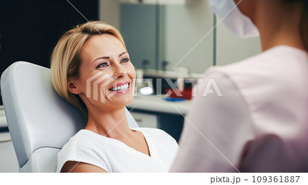 An elderly woman in an aesthetic clinic lies in cosmetologist's chair. Facial therapy or cosmetic aesthetic procedures 109361887