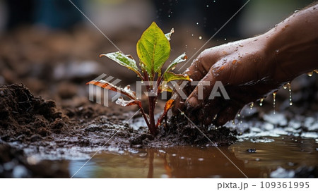 Closeup Volunteer hand planting potted plant. Generative AI 109361995