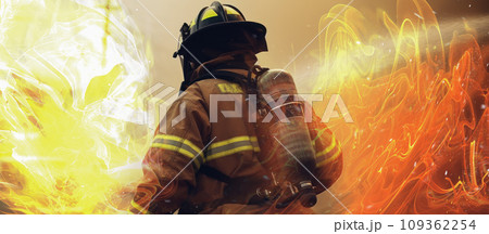 Firefighter extinguishing fire using a hose. 109362254
