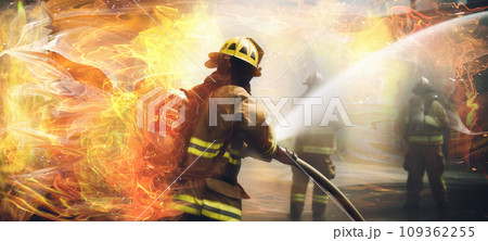 Firefighter extinguishing fire using a hose. 109362255