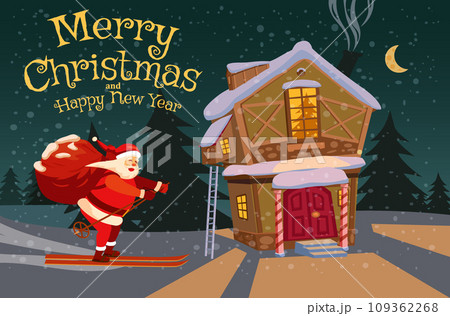 Merry Christmas Santa Claus skiing in the night in the night winter snow landscape Merry Christmas Santa Claus skiing in the night in the night winter snow landscape 109362268