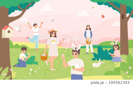 People easter egg hunt in garden. Cute children and teens play in spring holiday game. Finding surprises and gifts, springtime festival snugly vector scene 109362383