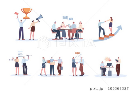 Company business ethics, employees relationships on works. Management and organization, corporate polite and company police kicky vector scene Company business ethics, employees relationships on works. Management and organization, corporate polite and company police kicky vector scene 109362387