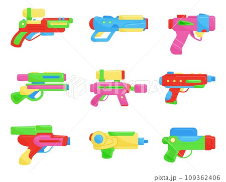 Toys weapons plastic set. Children laser blasters, water guns and space rayguns. Bright pistols for game, simple kids toy decent vector collection Toys weapons plastic set. Children laser blasters, water guns and space rayguns. Bright pistols for game, simple kids toy decent vector collection 109362406
