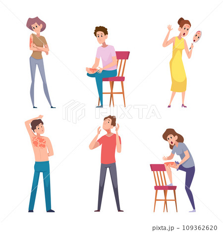 Skin problem. Characters with damaged body scratching skin exact vector cartoon templates set Skin problem. Characters with damaged body scratching skin exact vector cartoon templates set 109362620
