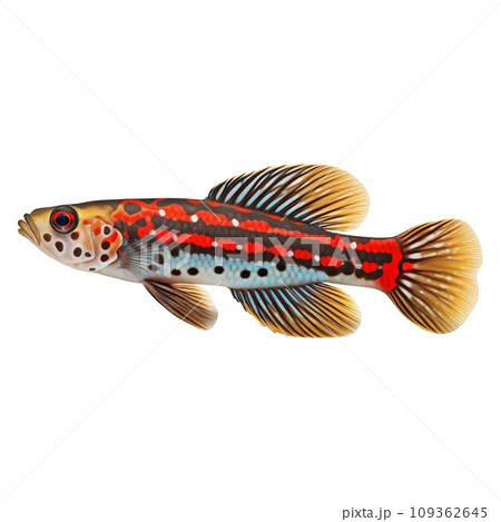 Multicolored aquarium fish on a transparent background, side view. The Firetail Goby, an red and blue saltwater aquarium fish, isolated on a white background, a design element for insertion 109362645