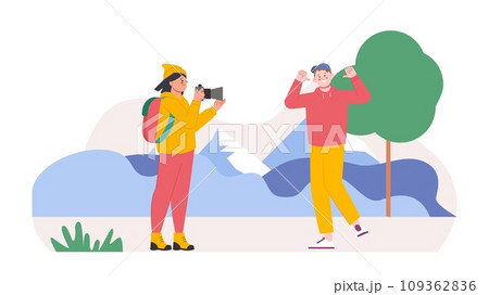 Girl taking photo boyfriend on nature. Sport hiking, travellers with backpack. Young photographer, happy guy doing content, vector scene 109362836