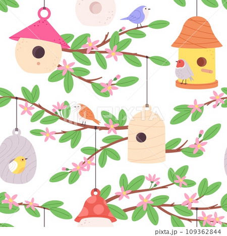 Birdhouse seamless pattern. Cartoon bird houses wooden, crafted homemade feeders on blooming branches and cute birds. Racy vector print design 109362844
