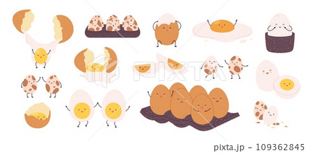 Cartoon funny eggs characters. Cute egg raw, boiled and fried, in carton pack and with cracked shell. Children food elements, racy vector positive set 109362845