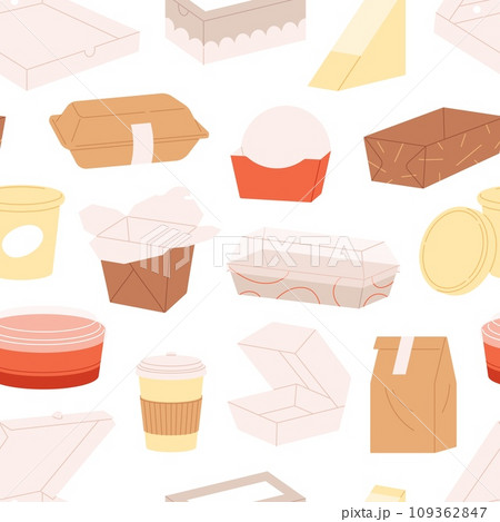 Cardboard food boxes background. Delivery service, cafe coffee and meals to go. Paper and plastic cups and boxes, racy vector seamless pattern 109362847