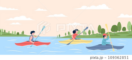 Canoeing and kayaking competition. People riding boats on river or sea. Wild recreation or hiking, forest family friends resting, recent vector scene 109362851
