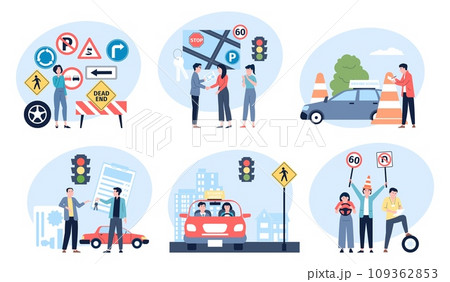 Driving lessons at school. People study drive rules and signs, giving license and prepare to examinations. New drivers with instructors, recent vector scenes 109362853