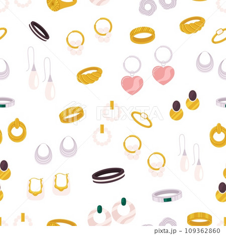 Earrings and rings seamless pattern. Jewelry store background, gemstones and pearls. Gold jewelries fabric print, vector decorative background Earrings and rings seamless pattern. Jewelry store background, gemstones and pearls. Gold jewelries fabric print, vector decorative background 109362860